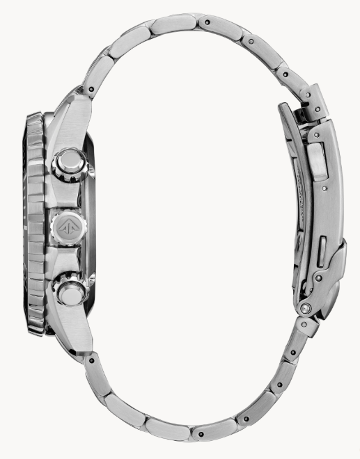 A stylish new update to the Promaster Dive Collection, featuring a silver-tone stainless steel case and bracelet with a bold green dial, a green unidirectional bezel and luminous hands and markers, this must-have dive watch also includes a 1/5 second chronograph measuring up to 60 minutes, 12/24-hour time and date function