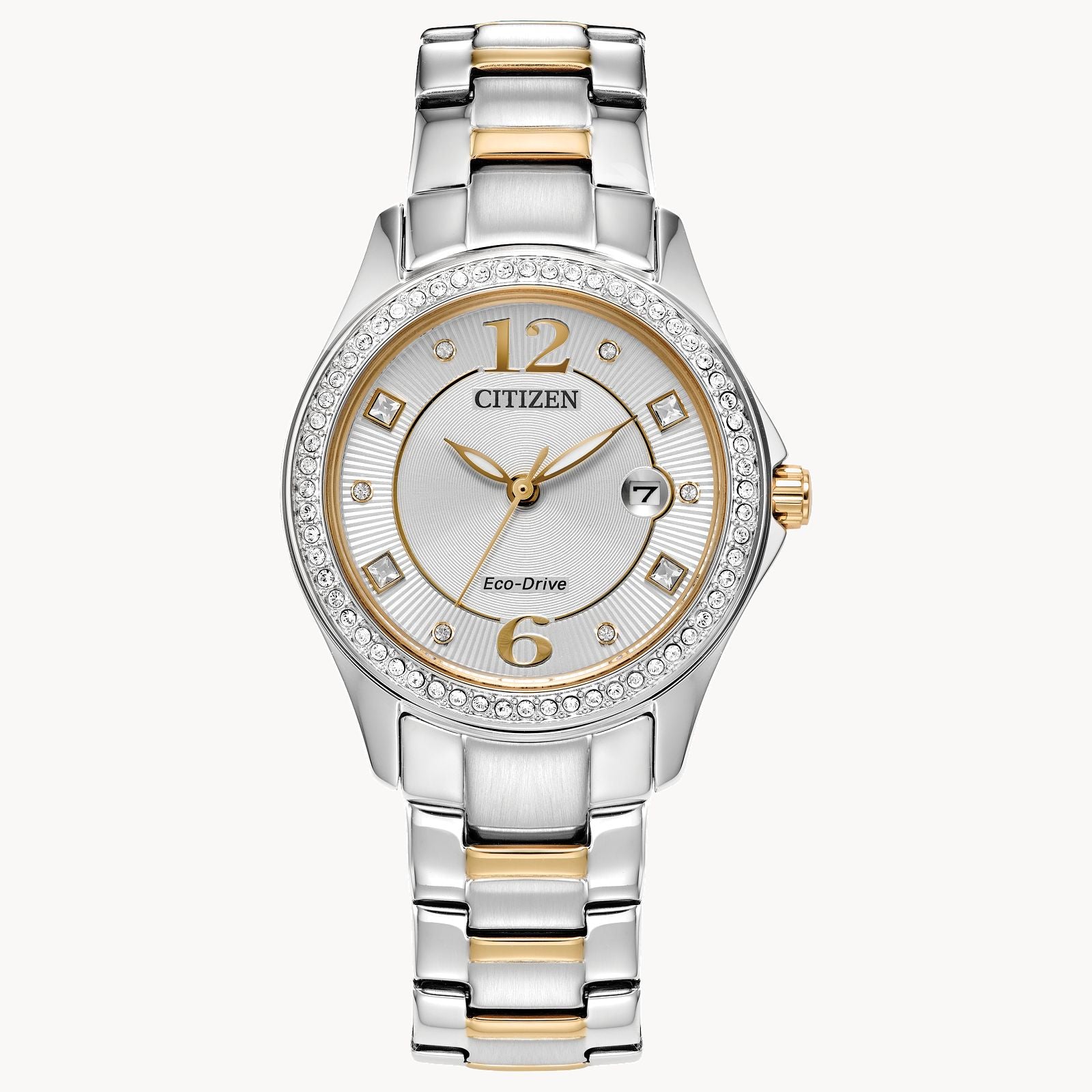 Crystal Women’s Eco-Drive Two-Tone Stainless Steel Watch | Silver Dial | Crystal Bezel | FE1146-71A - Brownee Jewelers