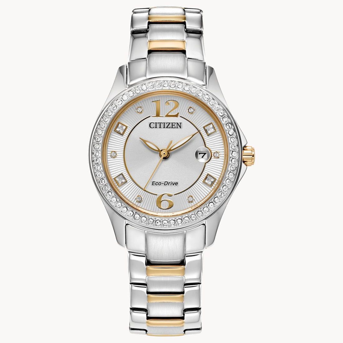 Crystal Women’s Eco-Drive Two-Tone Stainless Steel Watch | Silver Dial | Crystal Bezel | FE1146-71A - Brownee Jewelers