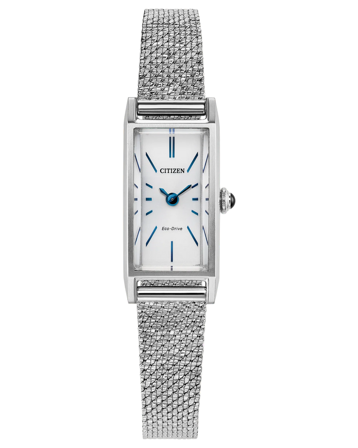 Fio | Citizen Eco-Drive Ladies Watch | Stainless Steel | Rectangular White Dial | Mesh Bracelet | WR Dress Style - Brownee Jewelers