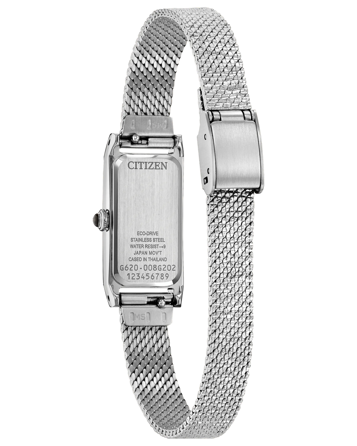 Fio | Citizen Eco-Drive Ladies Watch | Stainless Steel | Rectangular White Dial | Mesh Bracelet | WR Dress Style - Brownee Jewelers