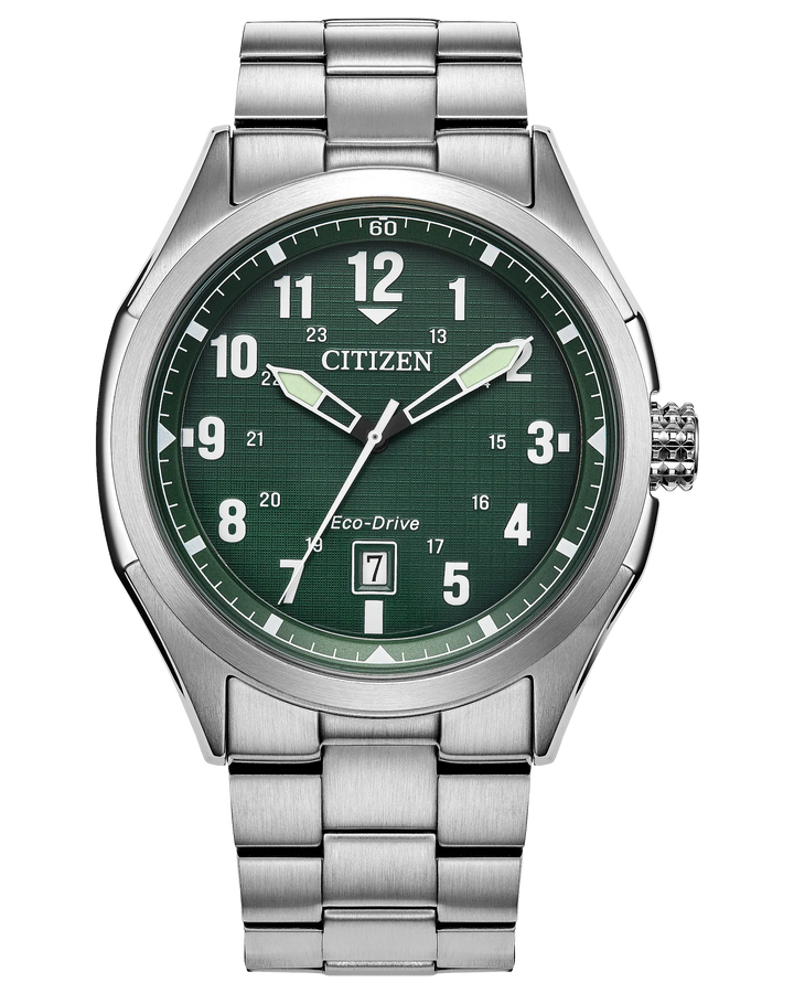Terra Force | Citizen Eco-Drive Green Dial Watch | Stainless Steel | WR100 Bracelet Watch | Men’s Field Style Design - Brownee Jewelers