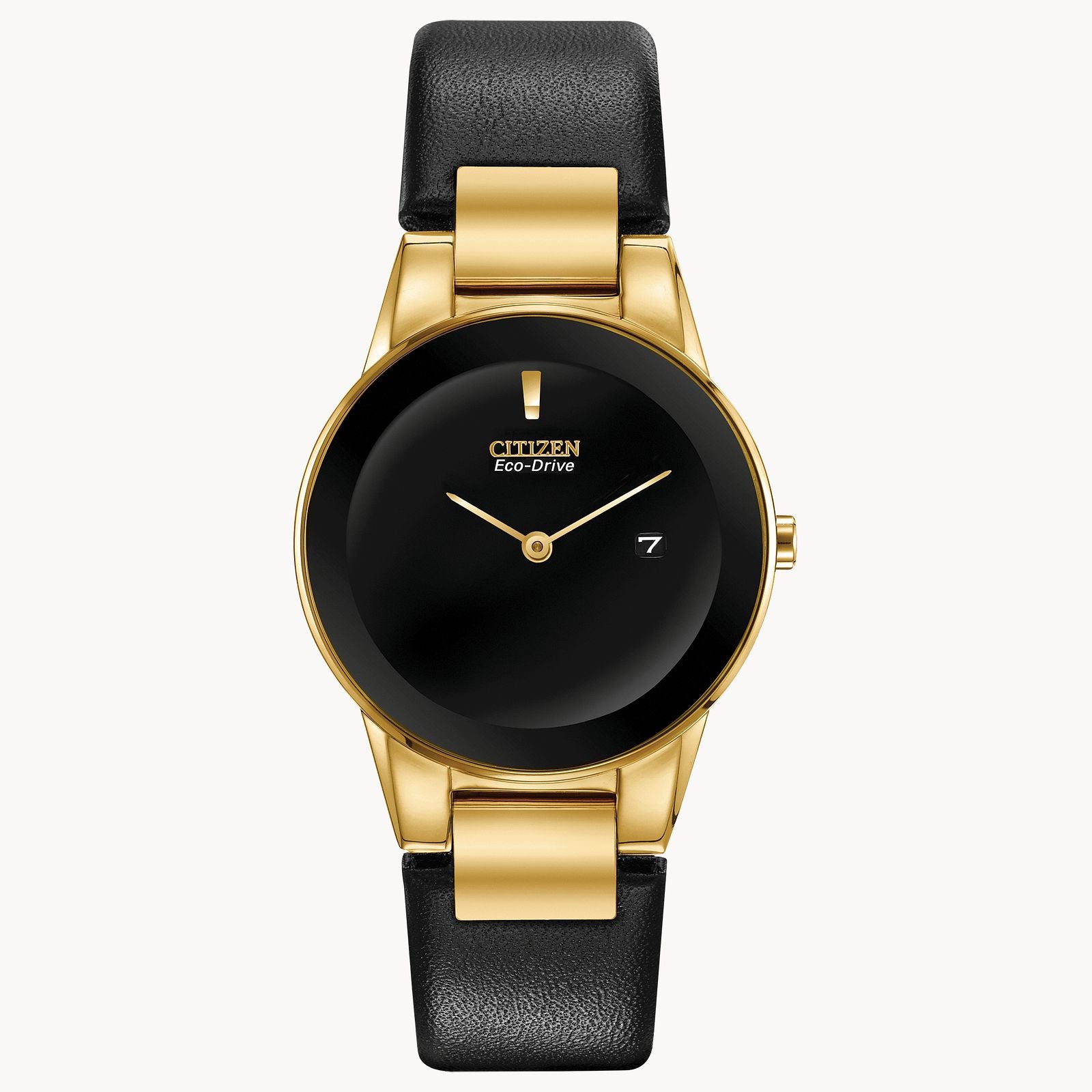 Citizen Axiom | Ladies Eco-Drive Watch | Gold-Tone Stainless Steel | Black Dial | Leather Strap | GA1052-04E - Brownee Jewelers