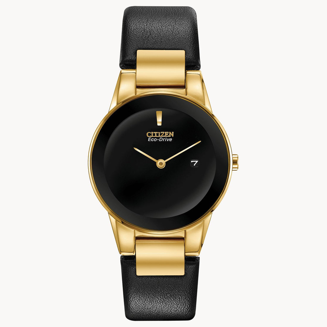 Citizen Axiom | Ladies Eco-Drive Watch | Gold-Tone Stainless Steel | Black Dial | Leather Strap | GA1052-04E - Brownee Jewelers