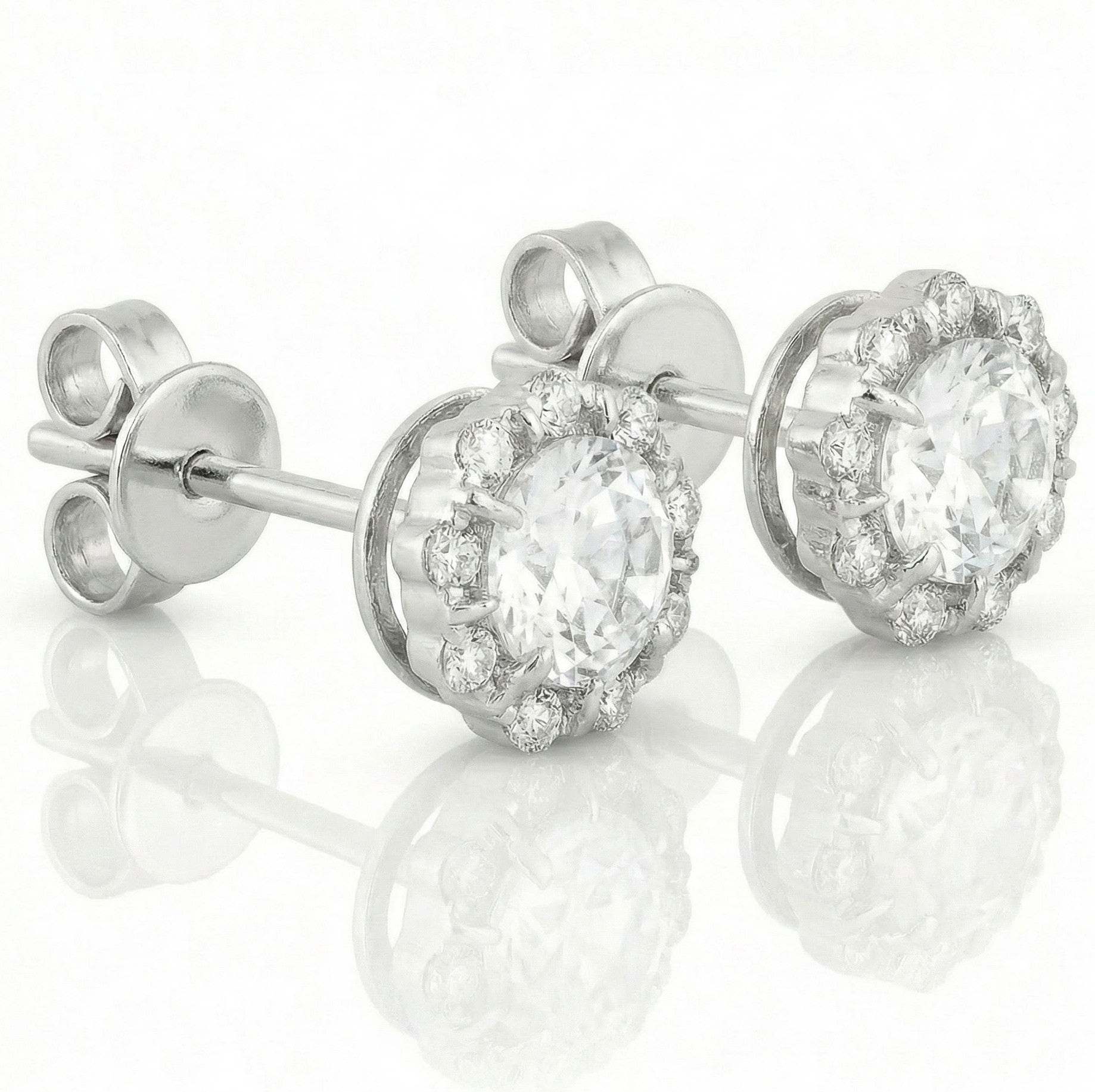 Madison L | White Topaz & Diamond Halo Stud Earrings | 14K White Gold | Round White Topaz | Diamond Accents - Brownee Jewelers