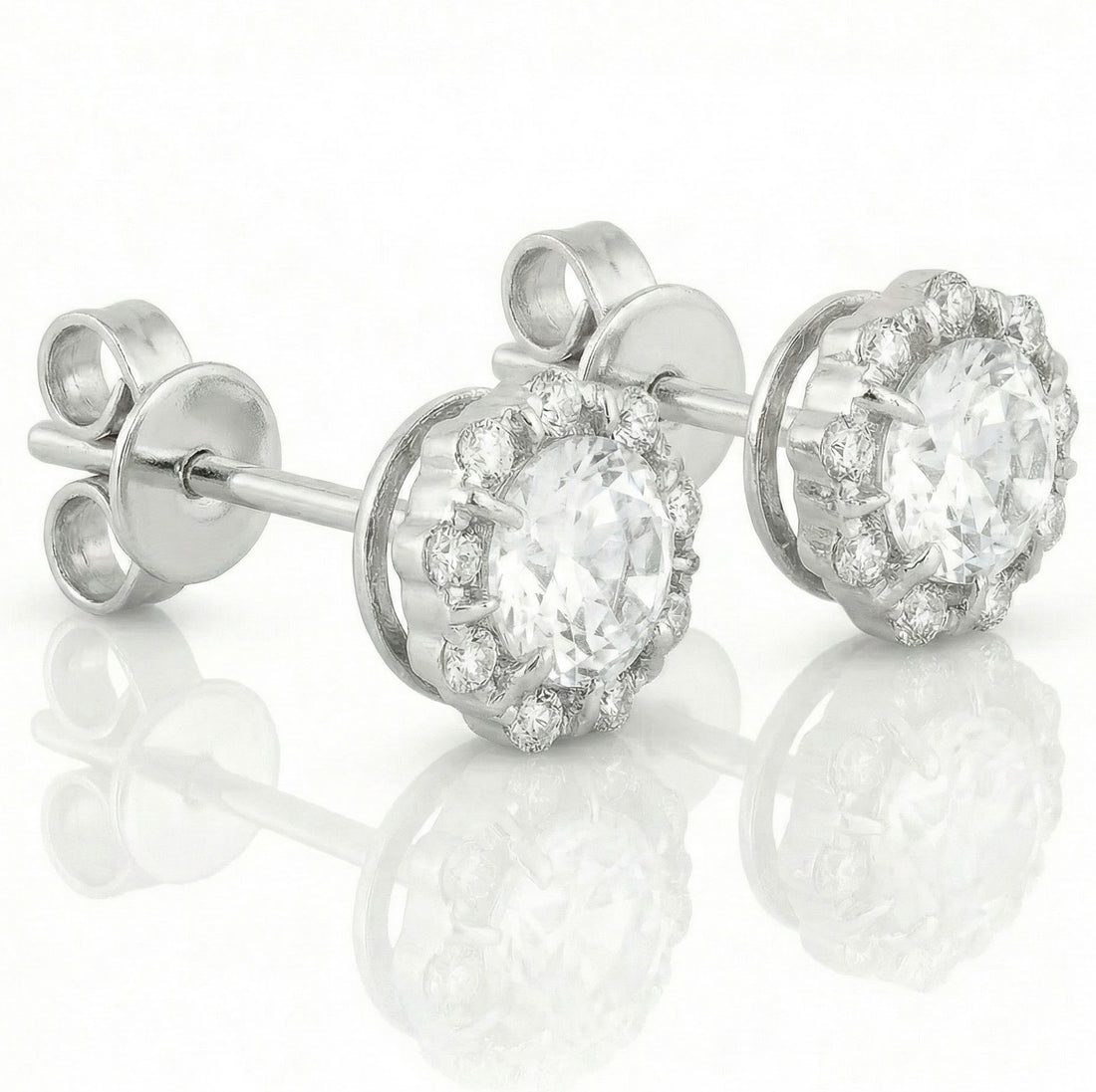 Madison L | White Topaz & Diamond Halo Stud Earrings | 14K White Gold | Round White Topaz | Diamond Accents - Brownee Jewelers