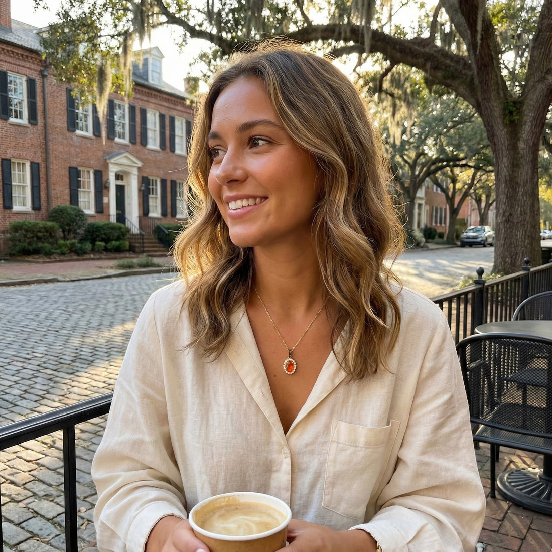 Orange Opal Diamond Halo Pendant | 14K Yellow Gold | 0.20 ct Opal | Chocolate & White Diamonds - Brownee Jewelers