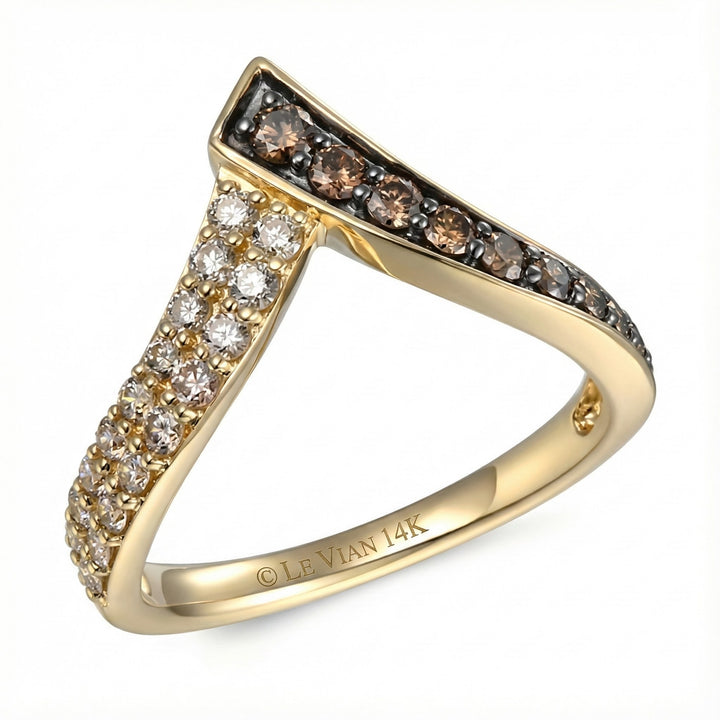 Le Vian® 14K Honey Gold™ Chocolate Diamond® & Nude Diamond™ Ring (≈0.71ctw) This striking Le Vian® ring features a bold, modern V-shaped silhouette set with 1/3 cts. of rich Chocolate Diamonds® and 3/8 cts. of sparkling Nude Diamonds™