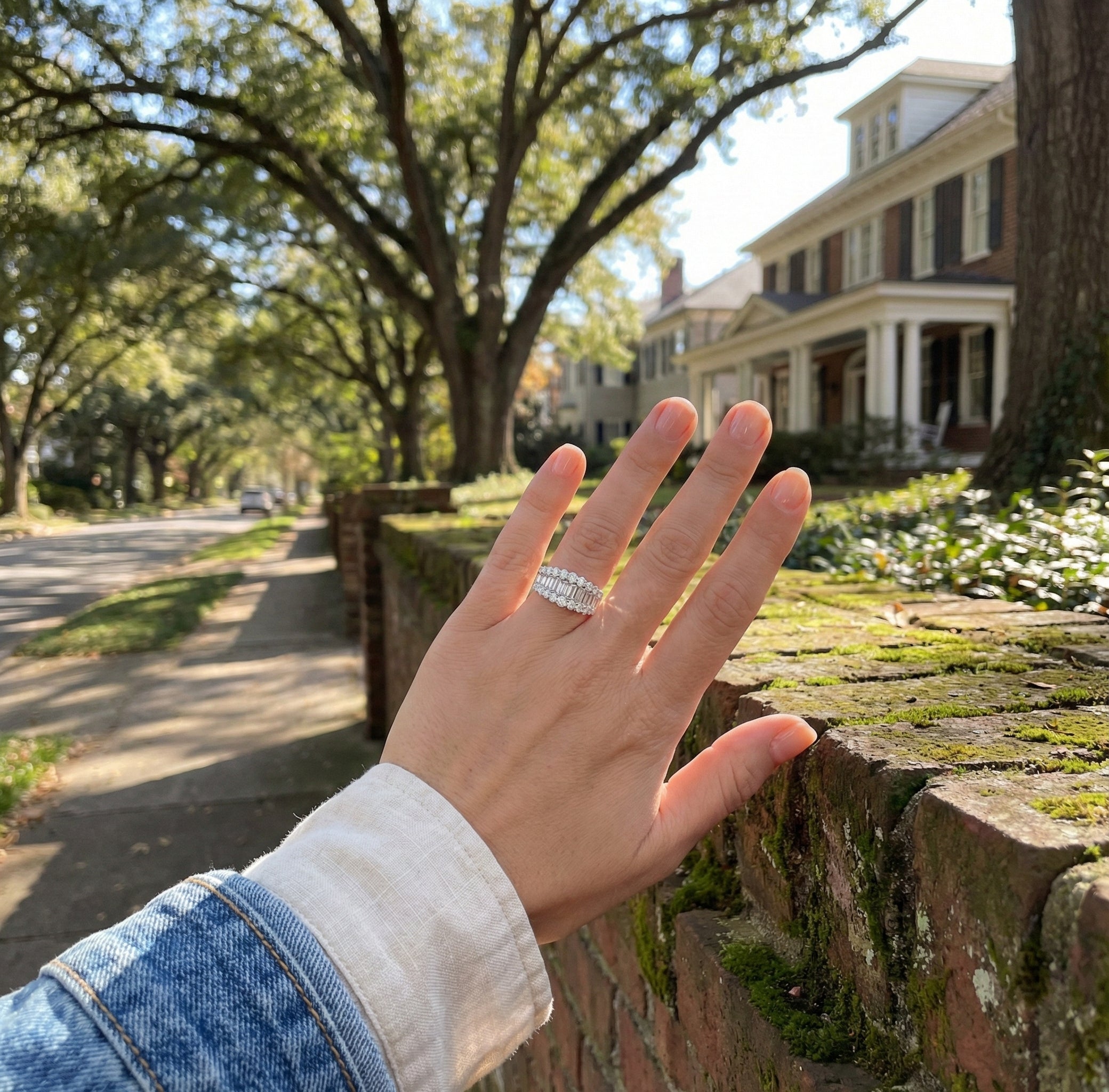 Round & Baguette Diamond Band | 14K White Gold | Multi-Row Halo Design | Diamond Fashion Ring - Brownee Jewelers