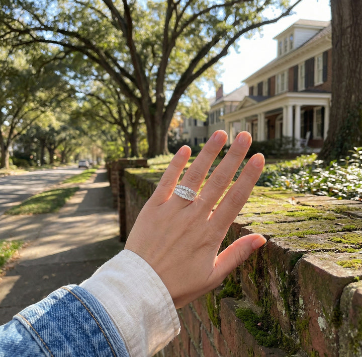 Round & Baguette Diamond Band | 14K White Gold | Multi-Row Halo Design | Diamond Fashion Ring - Brownee Jewelers