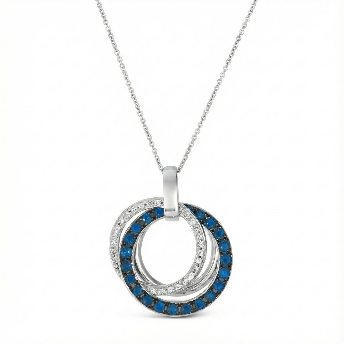 Blue Sapphire & Diamond Interlocking Circle Pendant | 14K White Gold | 0.79 ctw | Double Halo Design - Brownee Jewelers