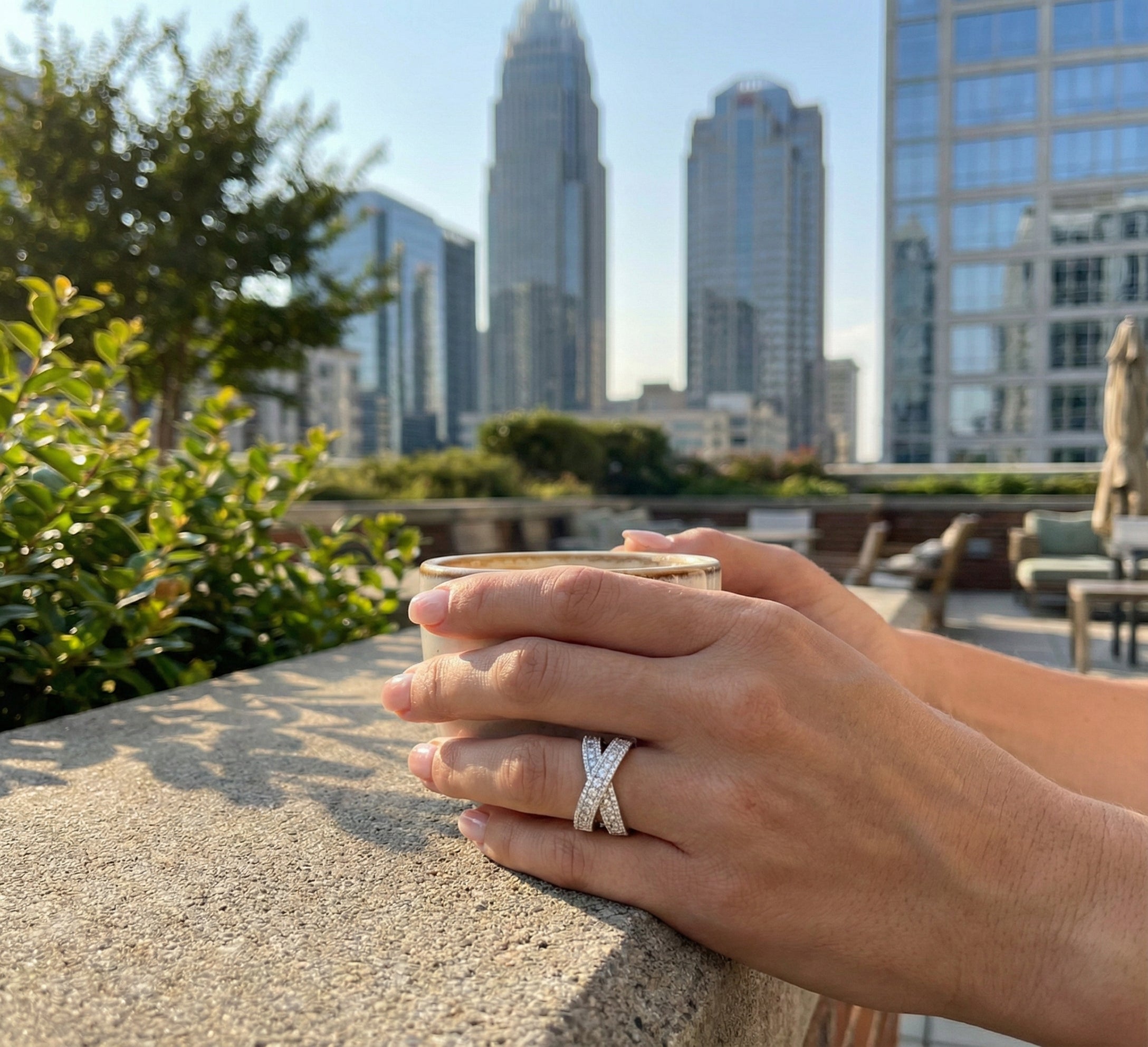 Round Brilliant Diamond Pavé Crisscross Ring | 14K White Gold | X Design Statement Band - Brownee Jewelers