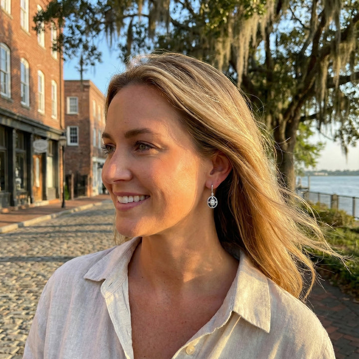 Sapphire & CZ Drop Earrings | Sterling Silver | Oval & Baguette Accents - Brownee Jewelers