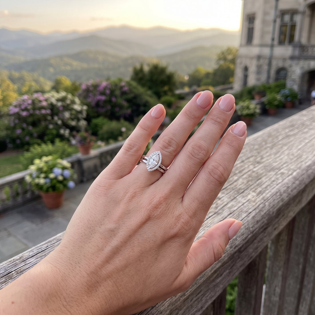 0.6 Carat Center Marquise Diamond Halo Engagement Ring with Matching Polished Wedding Band all in 14K White Gold