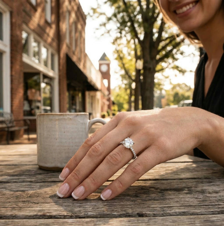 Round Lab-Grown Diamond Engagement Ring | 14K White Gold | Engagement Ring | 3.0 ct Center + Pavé Band - Brownee Jewelers
