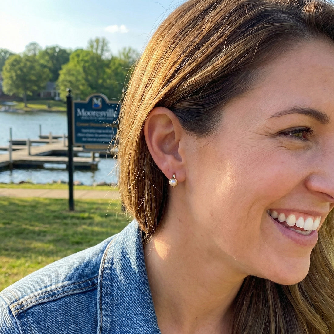 Cultured Pearl Huggie Earrings | 14K Yellow Gold | Classic Bezel Pearl Hoops - Brownee Jewelers
