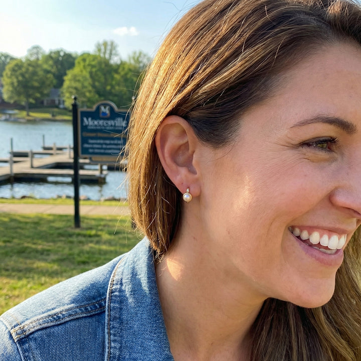 Cultured Pearl Huggie Earrings | 14K Yellow Gold | Classic Bezel Pearl Hoops - Brownee Jewelers