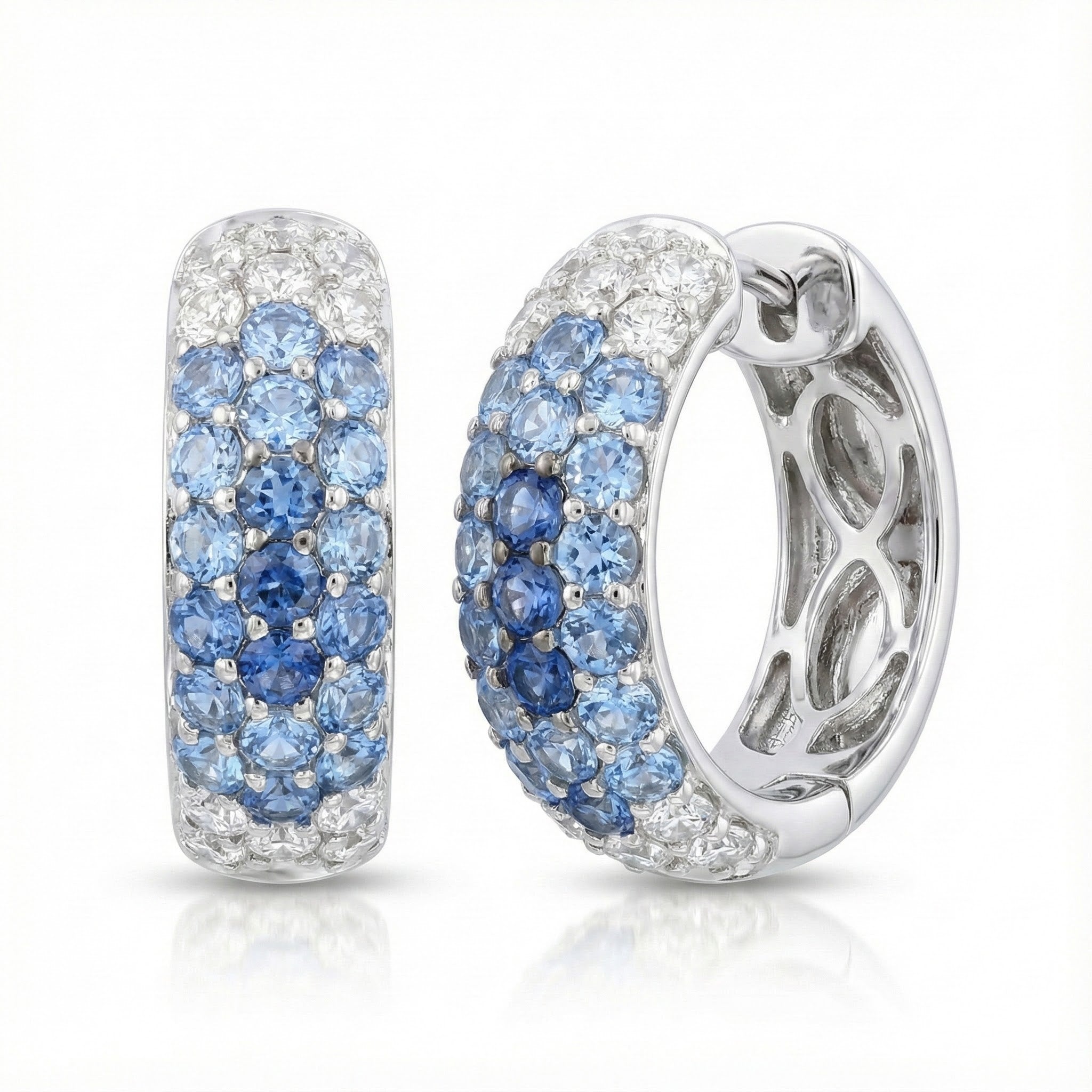 Denim Ombré® Sapphire Hoop Earrings | 14K White Gold | 2.90 ctw Blue & White Sapphires | Huggie Hoops - Brownee Jewelers