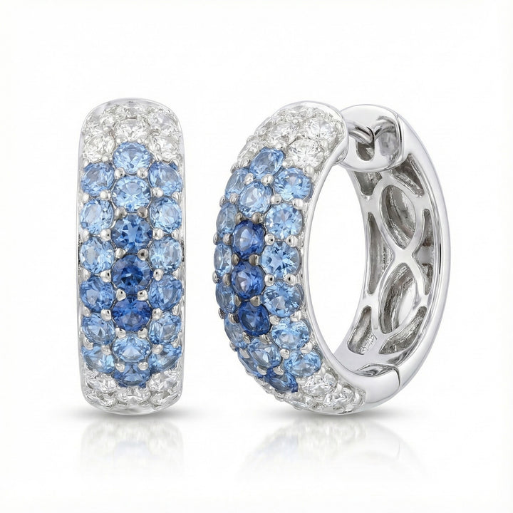 Denim Ombré® Sapphire Hoop Earrings | 14K White Gold | 2.90 ctw Blue & White Sapphires | Huggie Hoops - Brownee Jewelers