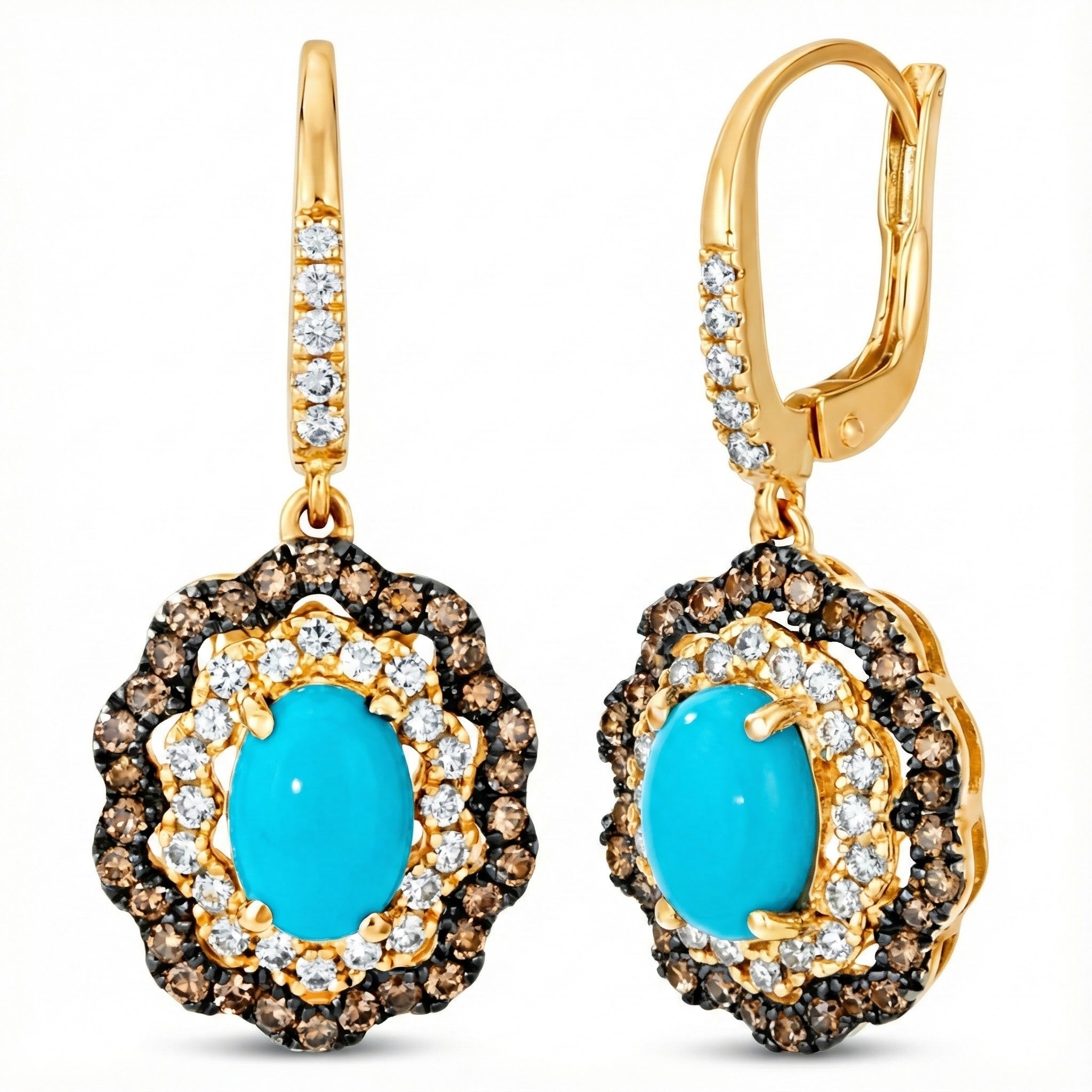 Le Vian® 14K Honey Gold™ Robin’s Egg Blue Turquoise & Diamond Drop Earrings These striking Le Vian® drop earrings feature 1 3/8 cts. Robin’s Egg Blue Turquoise, showcased in a bold double-halo design.