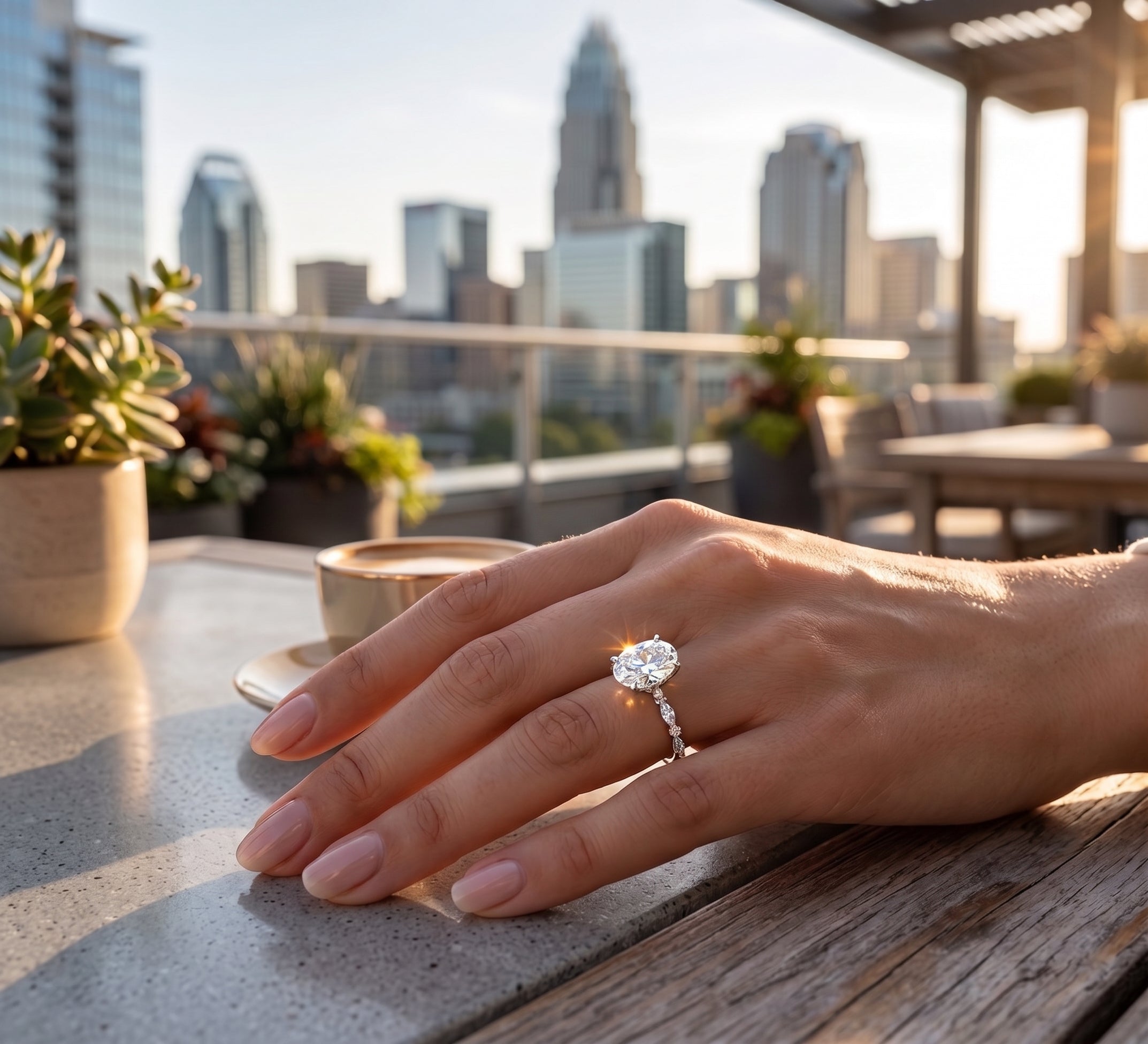 14K White Gold Oval Lab-Grown Center Diamond with Round and Marquise Side Alternating Side Stones Engagement Ring