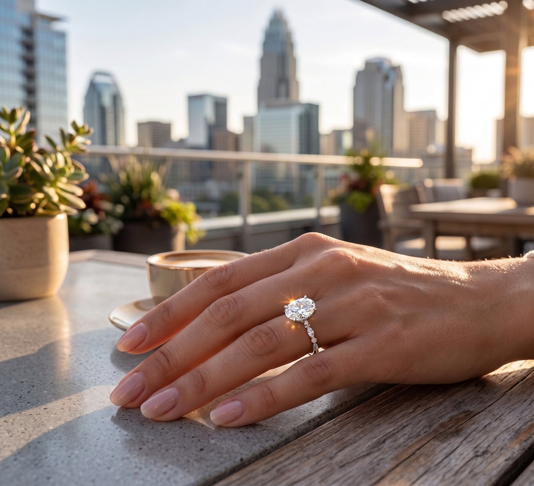 14K White Gold Oval Lab-Grown Center Diamond with Round and Marquise Side Alternating Side Stones Engagement Ring