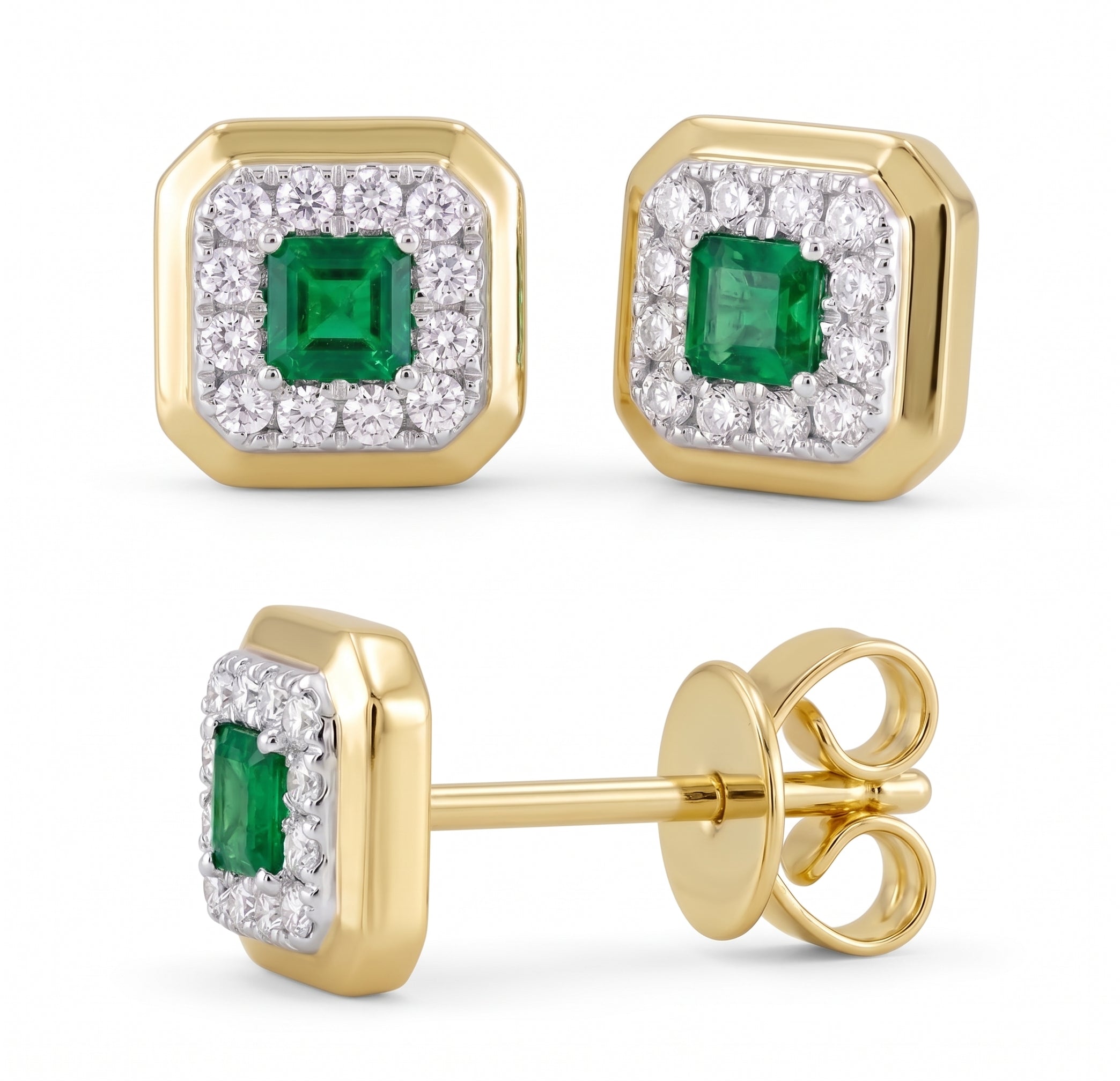 14KT YELLOW GOLD ASCHER CUT EMERALD SQUARE DIAMOND HALO STUD EARRINGS