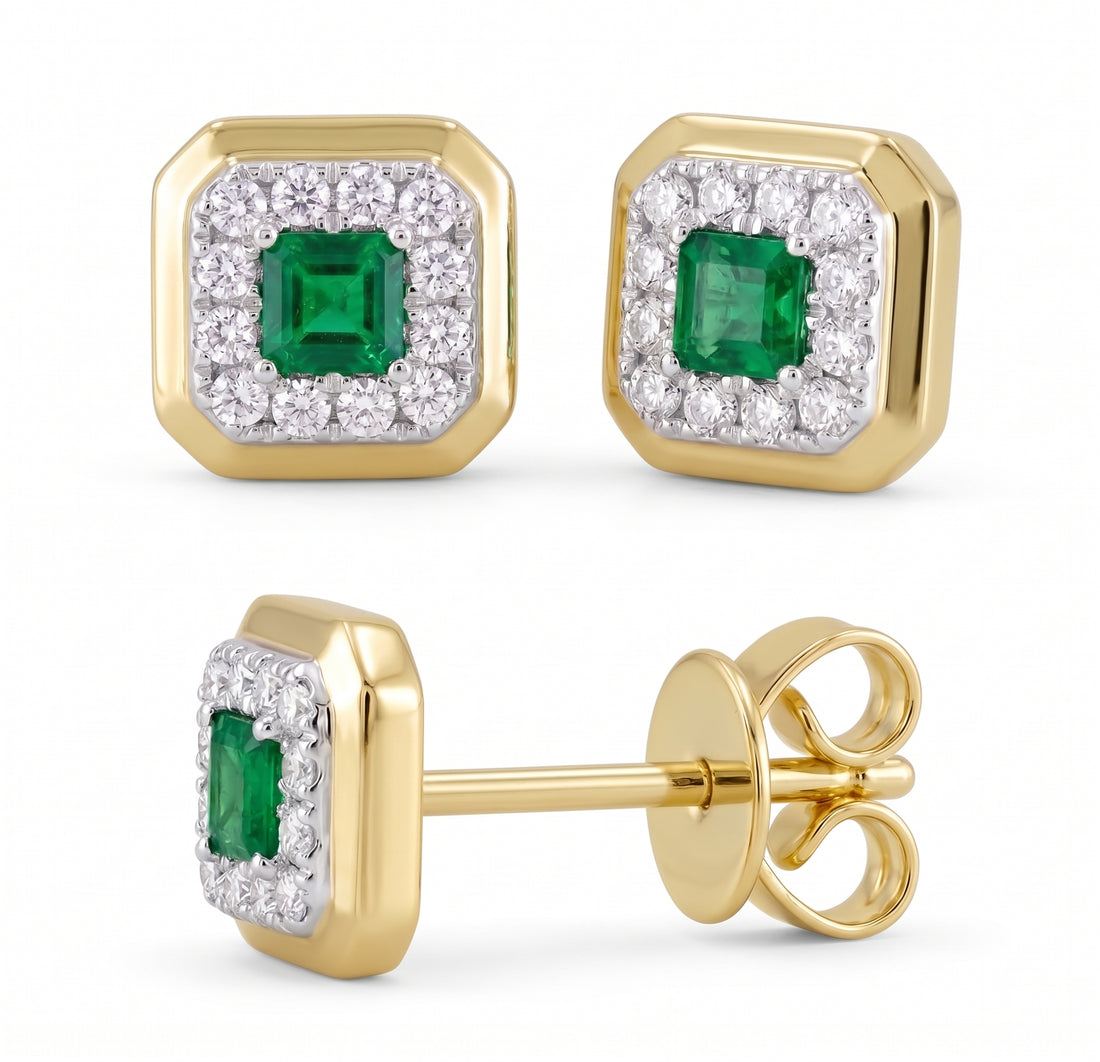 14KT YELLOW GOLD ASCHER CUT EMERALD SQUARE DIAMOND HALO STUD EARRINGS