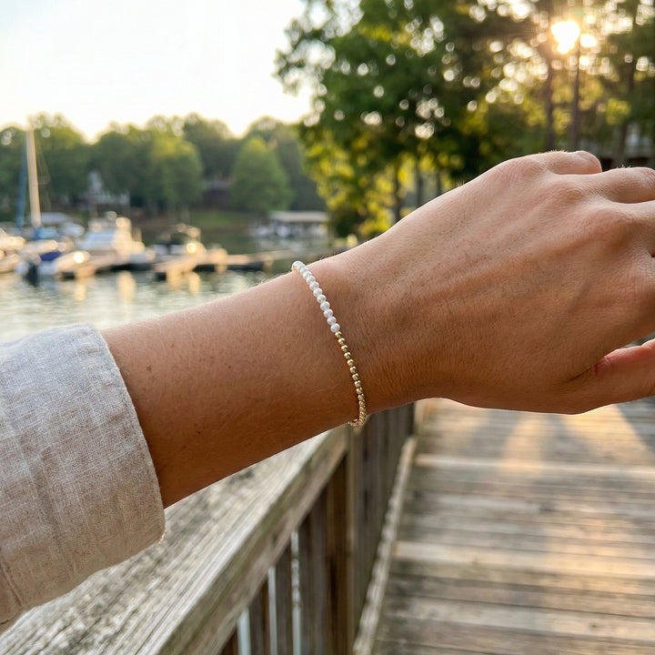 Cultured Pearl & Gold Ball Chain Bracelet | 14K Yellow Gold | Pearl Half Chain Bracelet - Brownee Jewelers