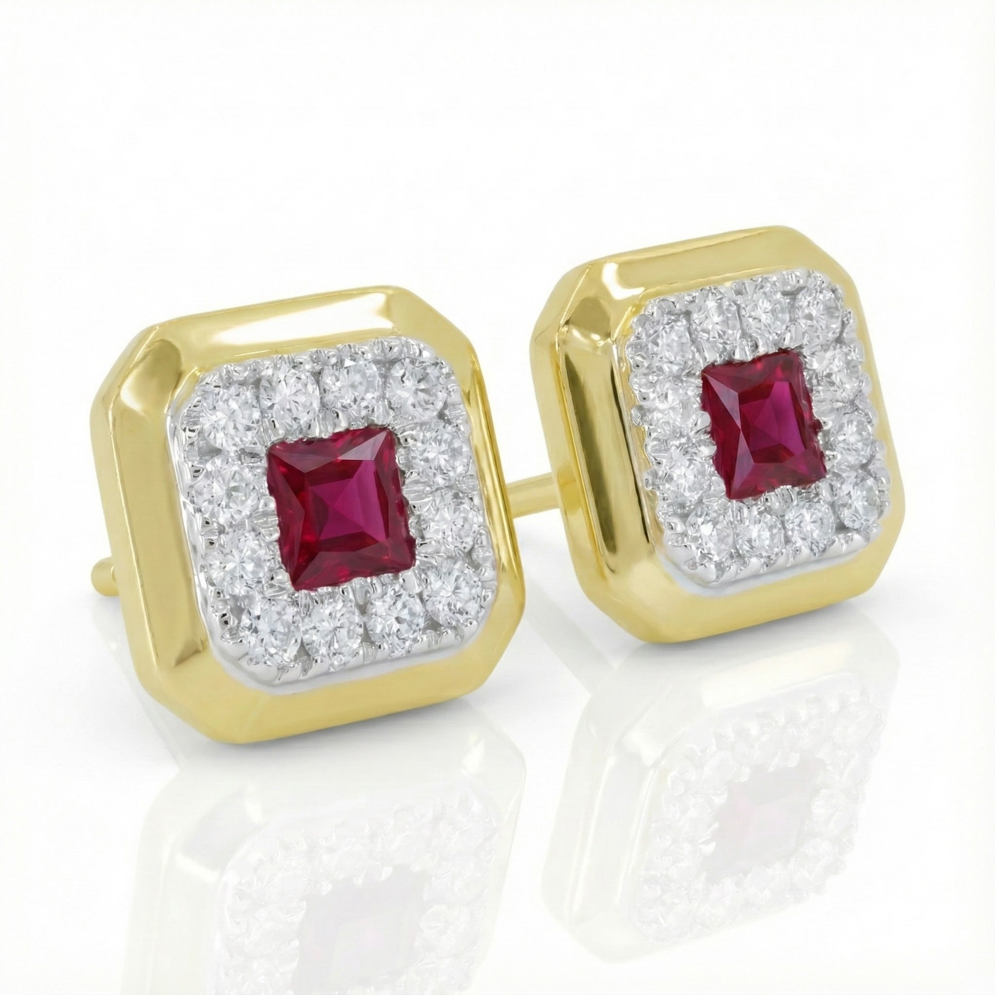 Madison L | Square Ruby & Diamond Halo Stud Earrings | 14K Yellow Gold | Princess-Cut Ruby | Diamond Accents - Brownee Jewelers