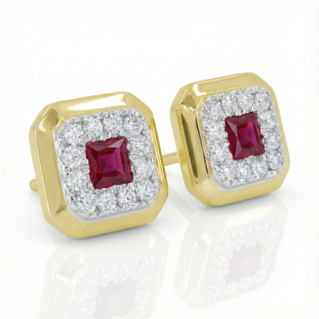 Madison L | Square Ruby & Diamond Halo Stud Earrings | 14K Yellow Gold | Princess-Cut Ruby | Diamond Accents - Brownee Jewelers