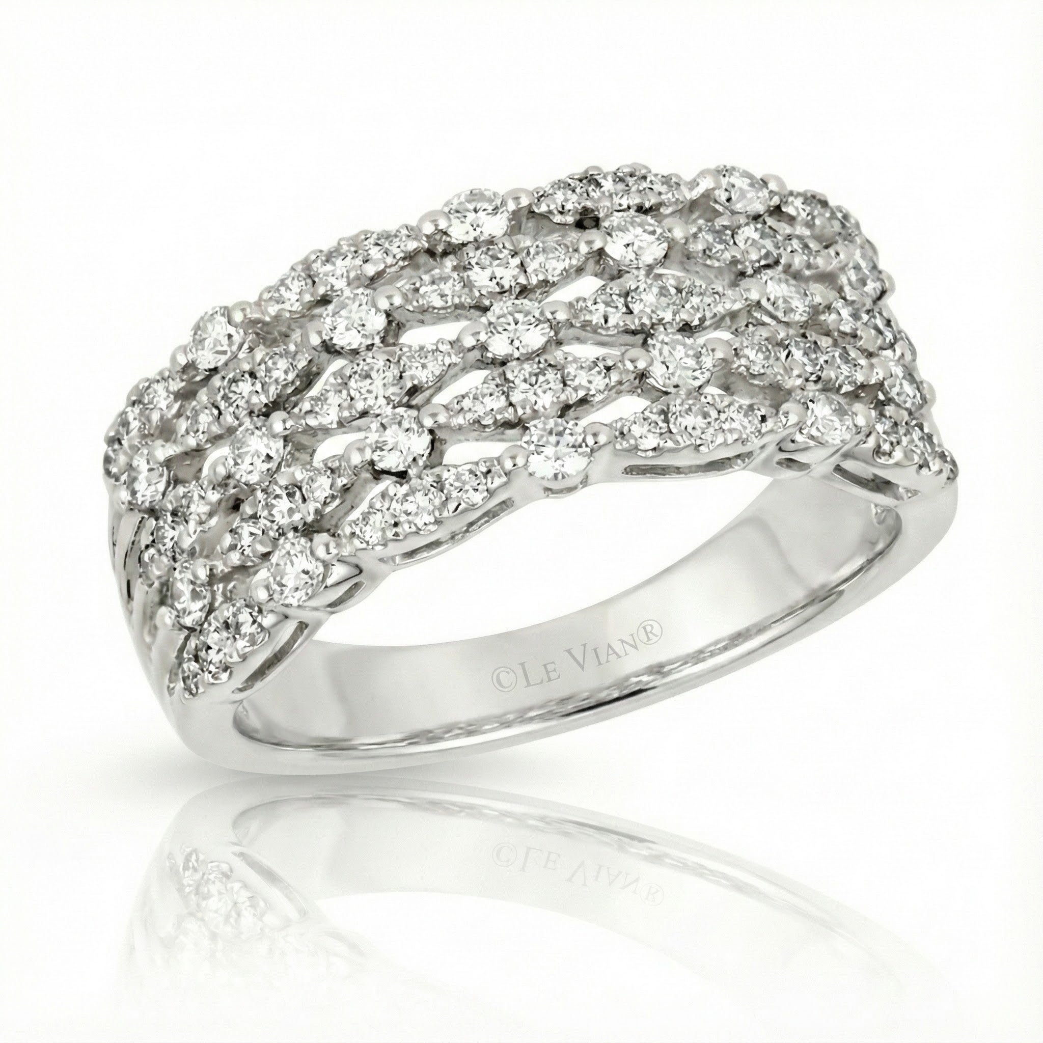 Platinum Le Vian® 5-Row Round Diamond Ring – 1/2ctw This stunning Le Vian® design features five rows of shimmering round diamonds woven into an elegant lattice pattern, all crafted in luxurious platinum
