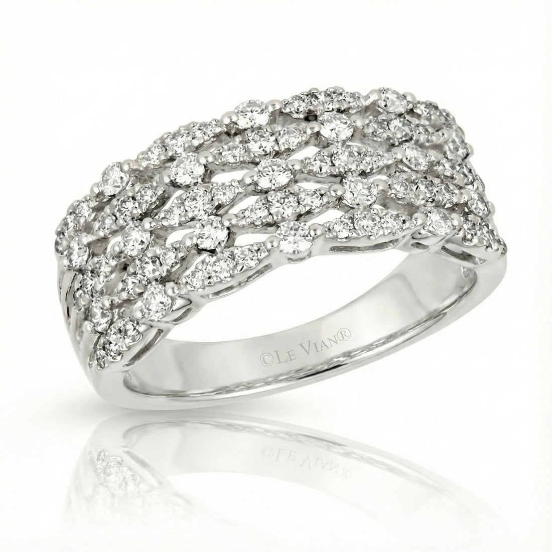Platinum Le Vian® 5-Row Round Diamond Ring – 1/2ctw This stunning Le Vian® design features five rows of shimmering round diamonds woven into an elegant lattice pattern, all crafted in luxurious platinum