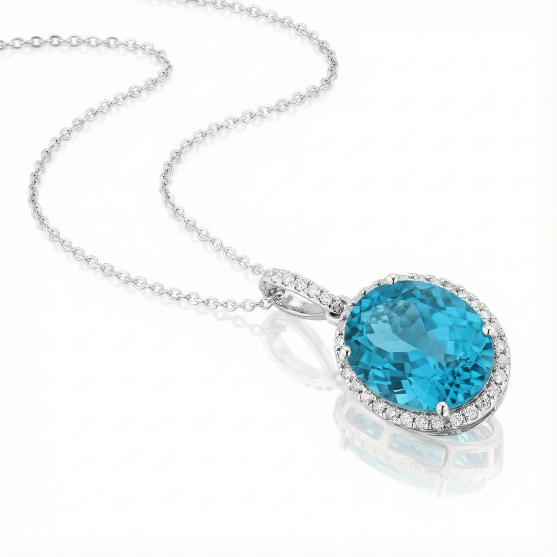 Madison L | Oval Created Tourmaline & Diamond Halo Pendant | 14K White Gold | Blue Gem Necklace - Brownee Jewelers