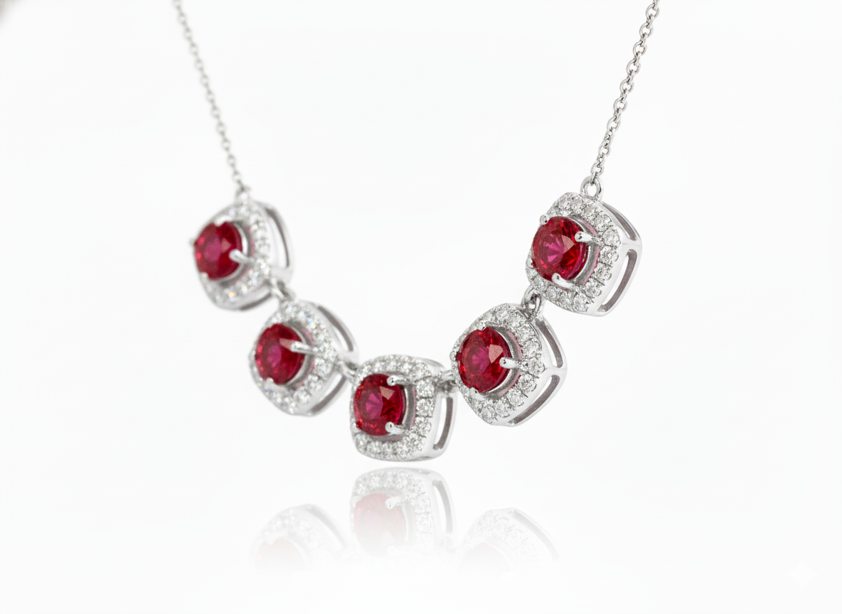 14K White Gold 1.43ct Ruby & .33ct Diamond Five-Station Necklace