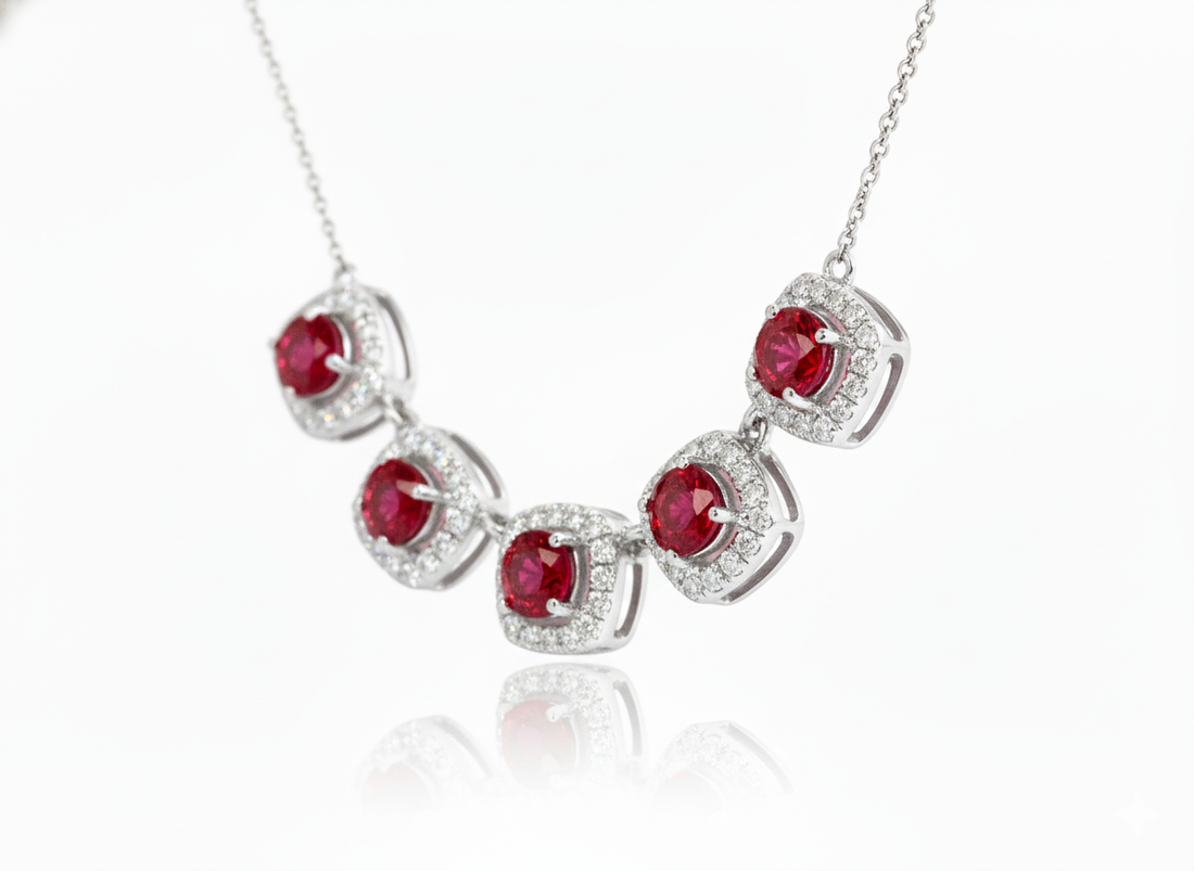 14K White Gold 1.43ct Ruby & .33ct Diamond Five-Station Necklace