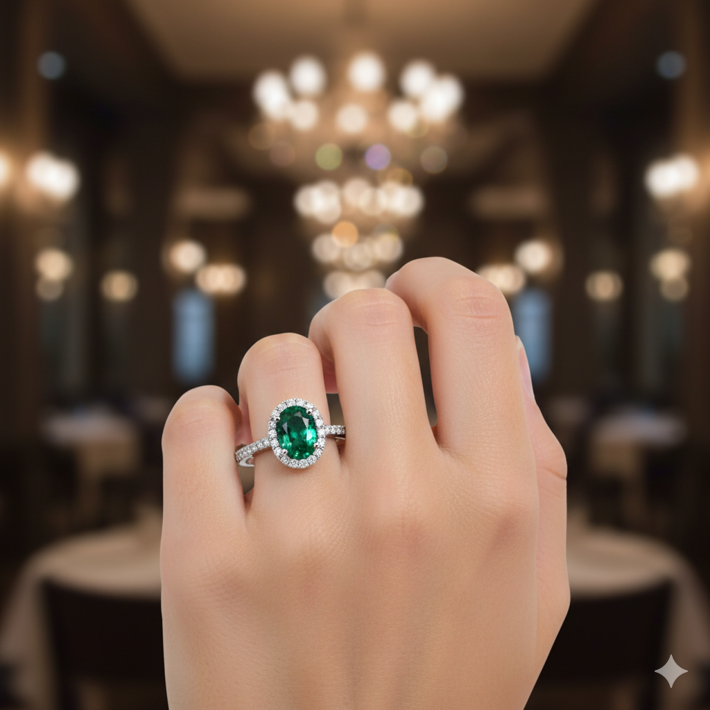 14K Yellow Gold .77ct Oval Emerald & .25ct Diamond Ring