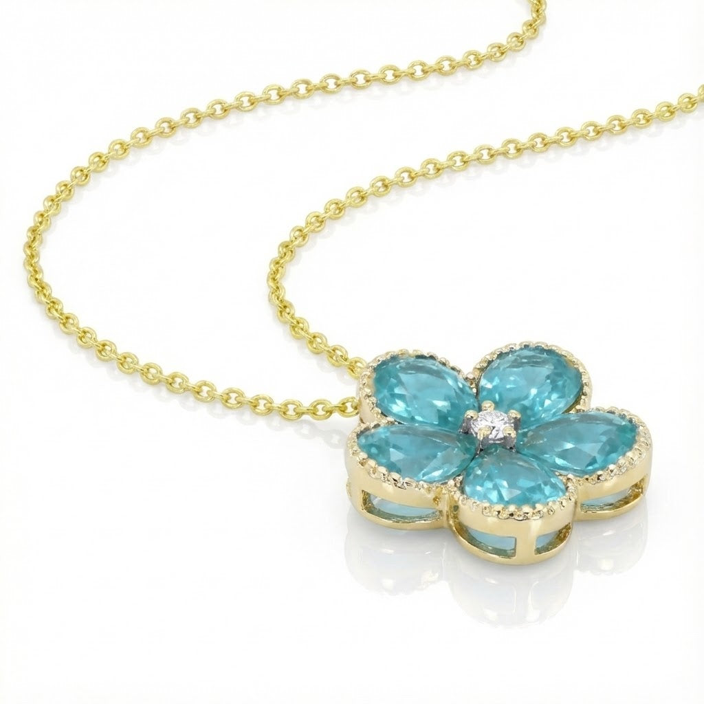 Madison L | Paraíba-Color Created Sapphire Flower Pendant | 14K Yellow Gold | Diamond Accent Floral Necklace - Brownee Jewelers