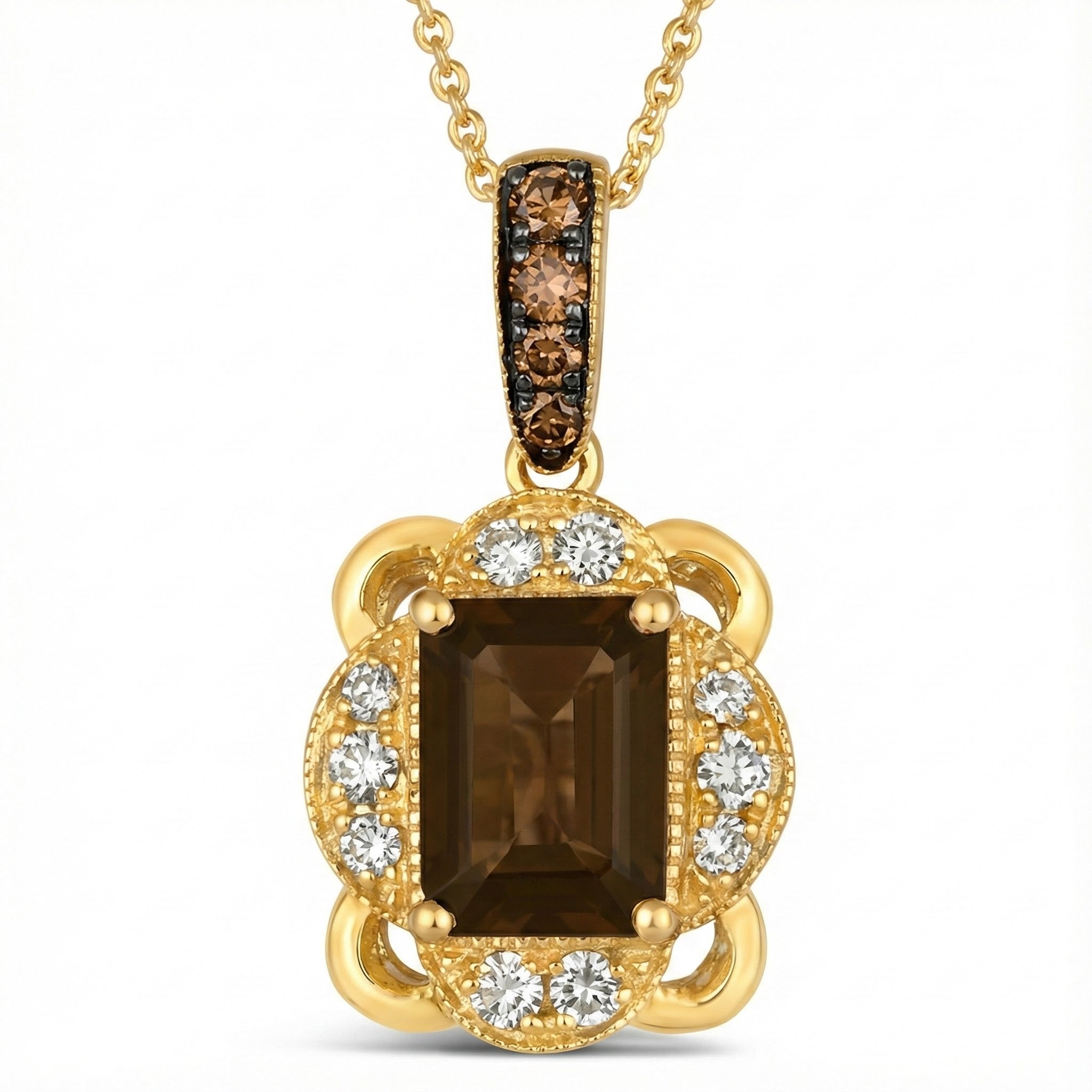 Smoky Quartz & Diamond Halo Pendant | 14K Yellow Gold | Emerald Cut | Brown Diamond Bail - Brownee Jewelers