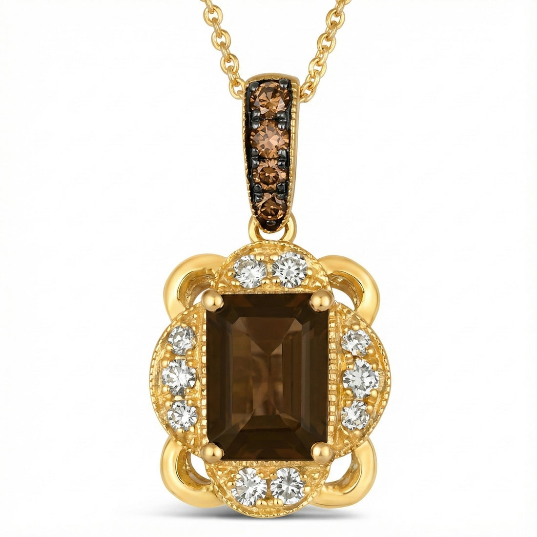 Smoky Quartz & Diamond Halo Pendant | 14K Yellow Gold | Emerald Cut | Brown Diamond Bail - Brownee Jewelers