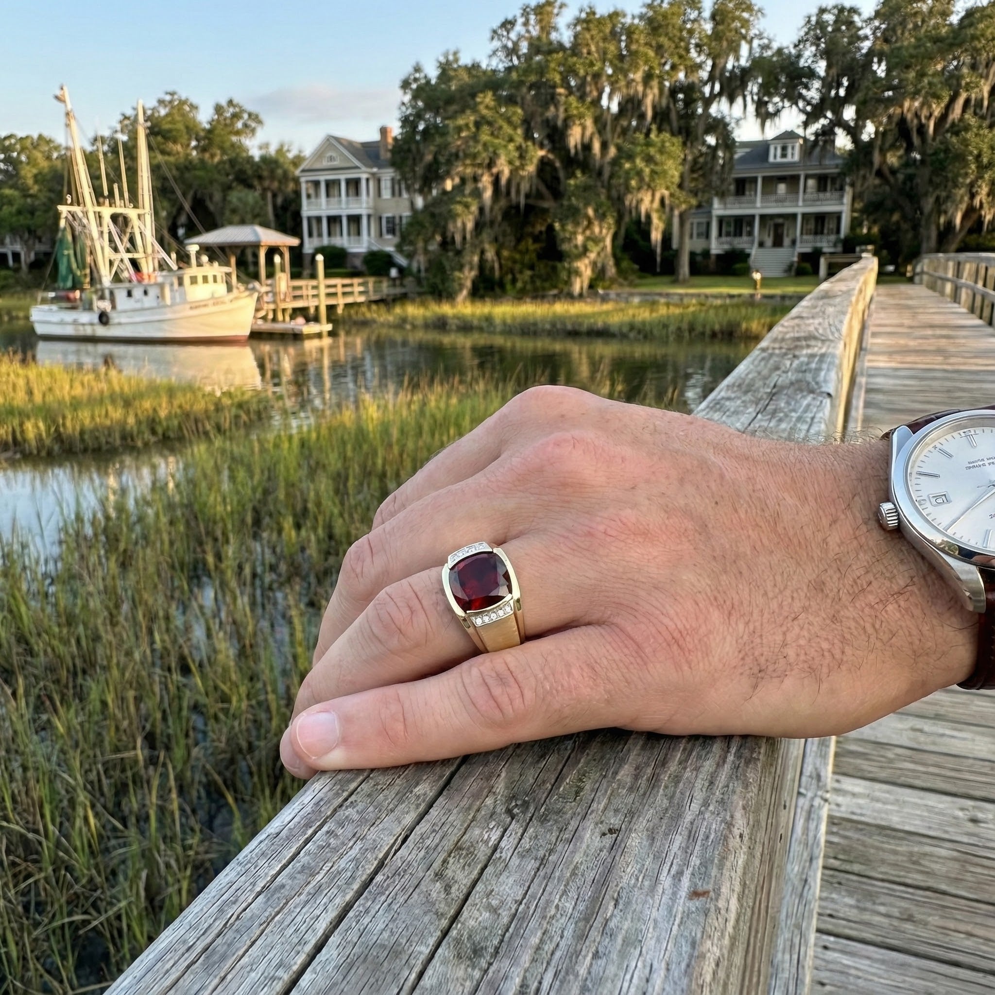 10K Yellow Gold Cushion Garnet & Diamond Gentlemen’s Ring