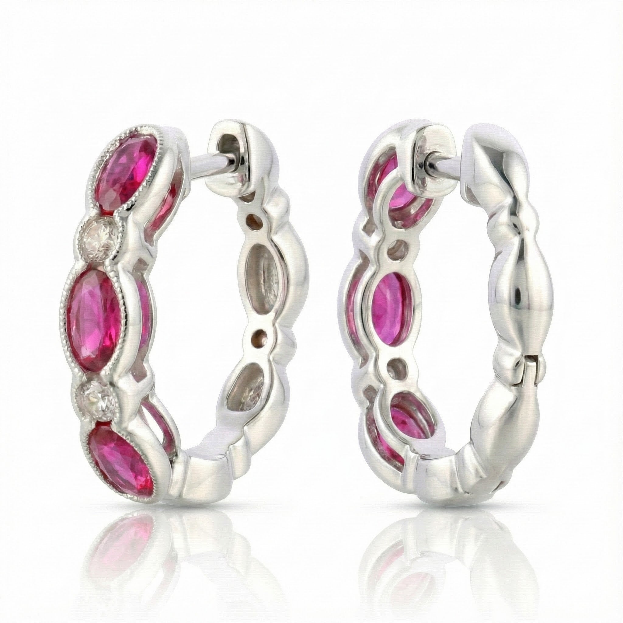 Le Vian® 14K Vanilla Gold® Passion Ruby® & Vanilla Diamond® Hoop Earrings These stunning Le Vian® hoops showcase 1 1/2 cts. of Passion Ruby® in a beautiful alternating pattern of oval and marquise shapes, radiating rich, vibrant pink-red color