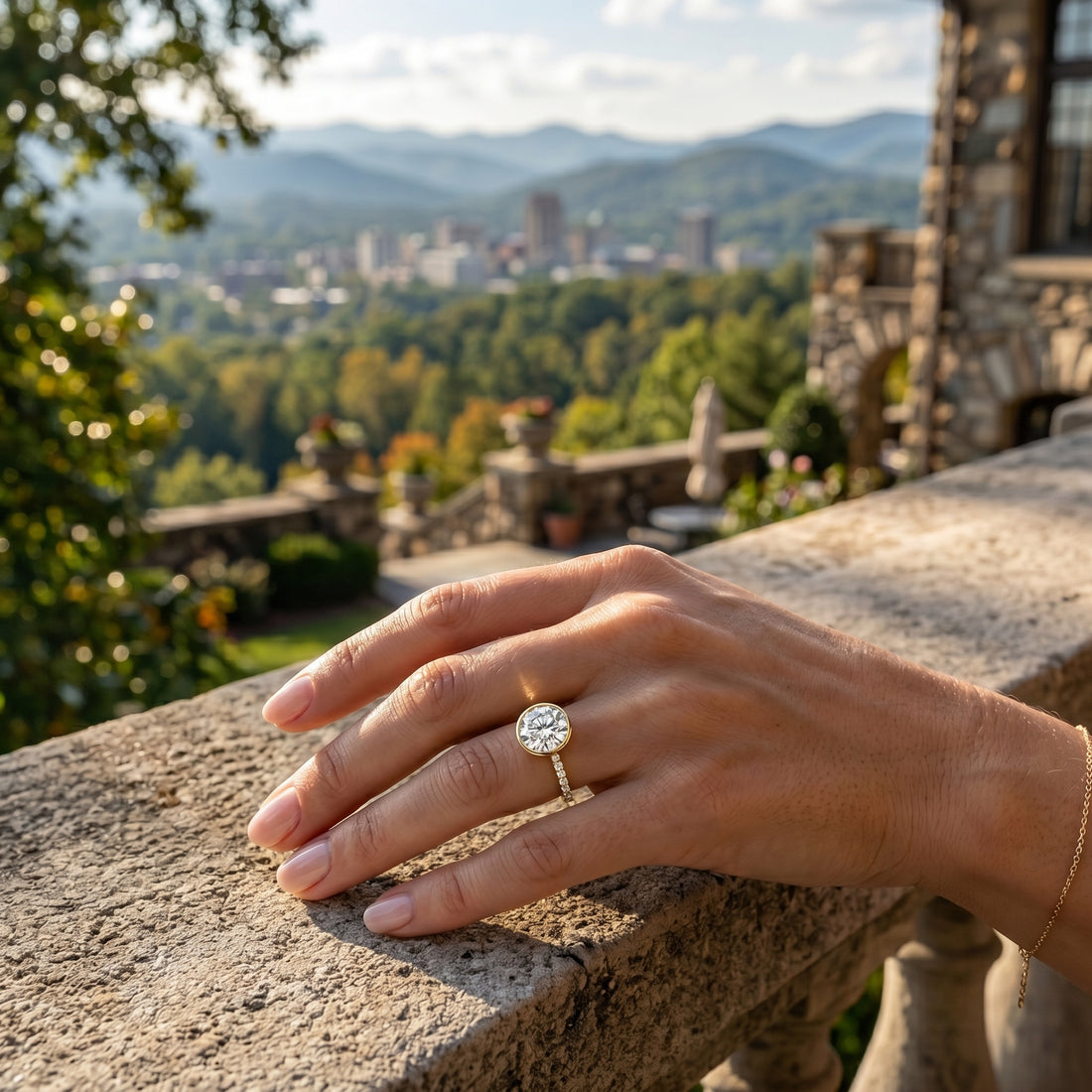 3.18 ctw Lab-Grown Diamond Engagement Ring | 14K Yellow Gold | 3.00 ct Round Bezel Set | Pavé Diamond Band - Brownee Jewelers