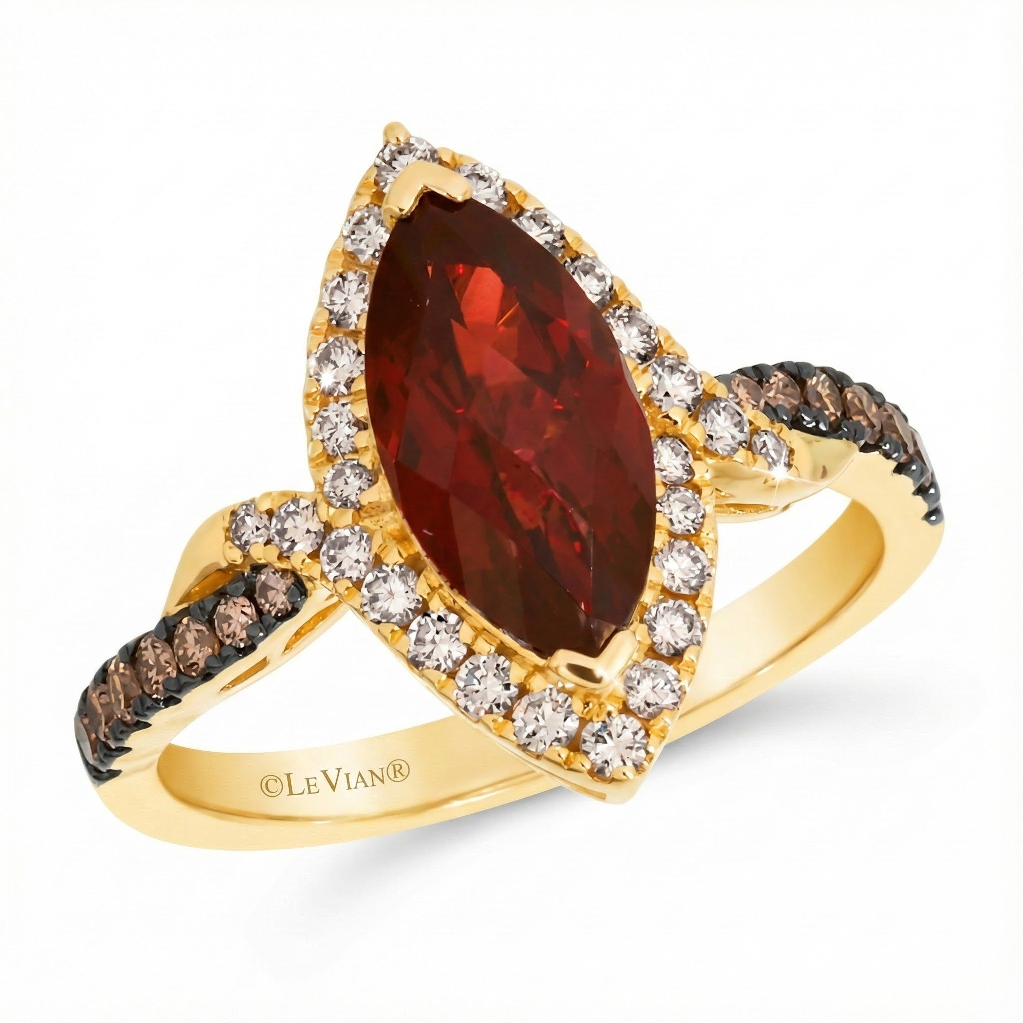 Le Vian® 14K Honey Gold™ Pomegranate Garnet™ & Chocolate/Nude Diamond® Ring (2.78ctw) Fiery, dramatic, and beautifully sculpted—this Le Vian® ring showcases a bold 2 1/4 ct. Pomegranate Garnet™ in an elongated marquise cut, radiating deep red brilliance