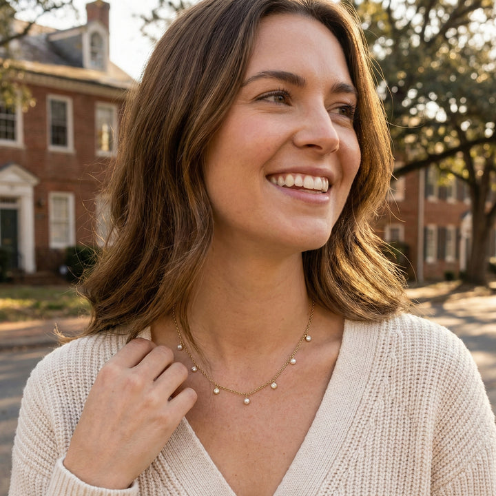 Diamond & Cultured Pearl Necklace | 14K Yellow Gold | 0.04 ctw | Delicate Station Necklace - Brownee Jewelers