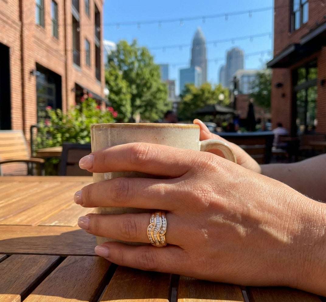 Round & Baguette Diamond Wave Ring | 14K Yellow Gold | 1.00 ctw | Statement Band - Brownee Jewelers
