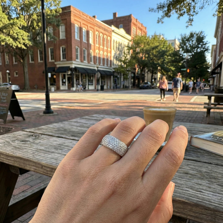 Round Brilliant Diamond Pavé Wide Band | 18K White Gold | Diamond Statement Ring - Brownee Jewelers