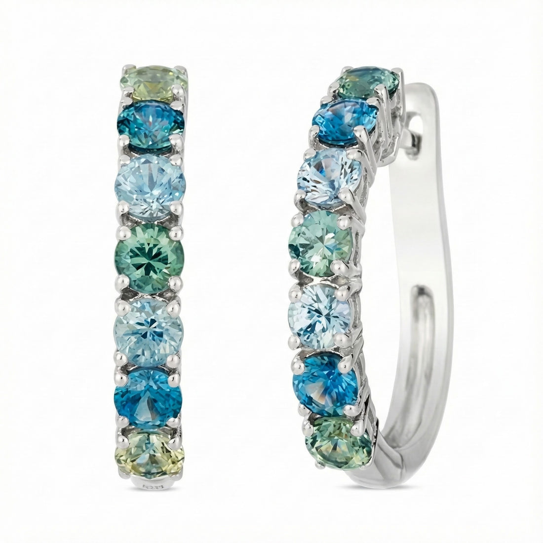 Ombre Blue & Green Sapphire Hoop Earrings | 1.68 ctw | 14K White Gold | Gradient Gemstone Hoops - Brownee Jewelers