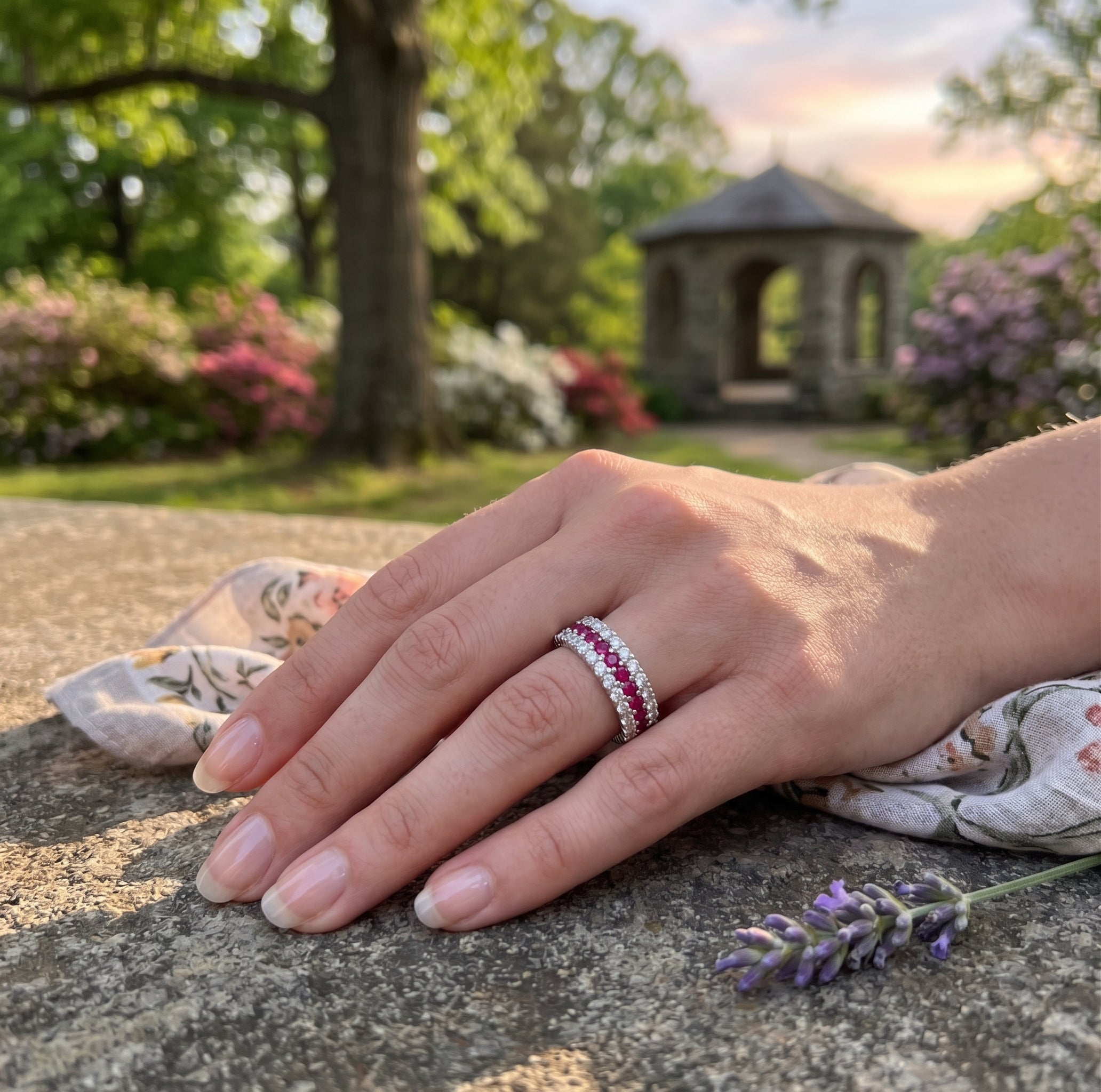 Ruby & Lab-Grown Diamond Three-Row Band | 10K White Gold | 1.00 ctw | Stackable Ring - Brownee Jewelers