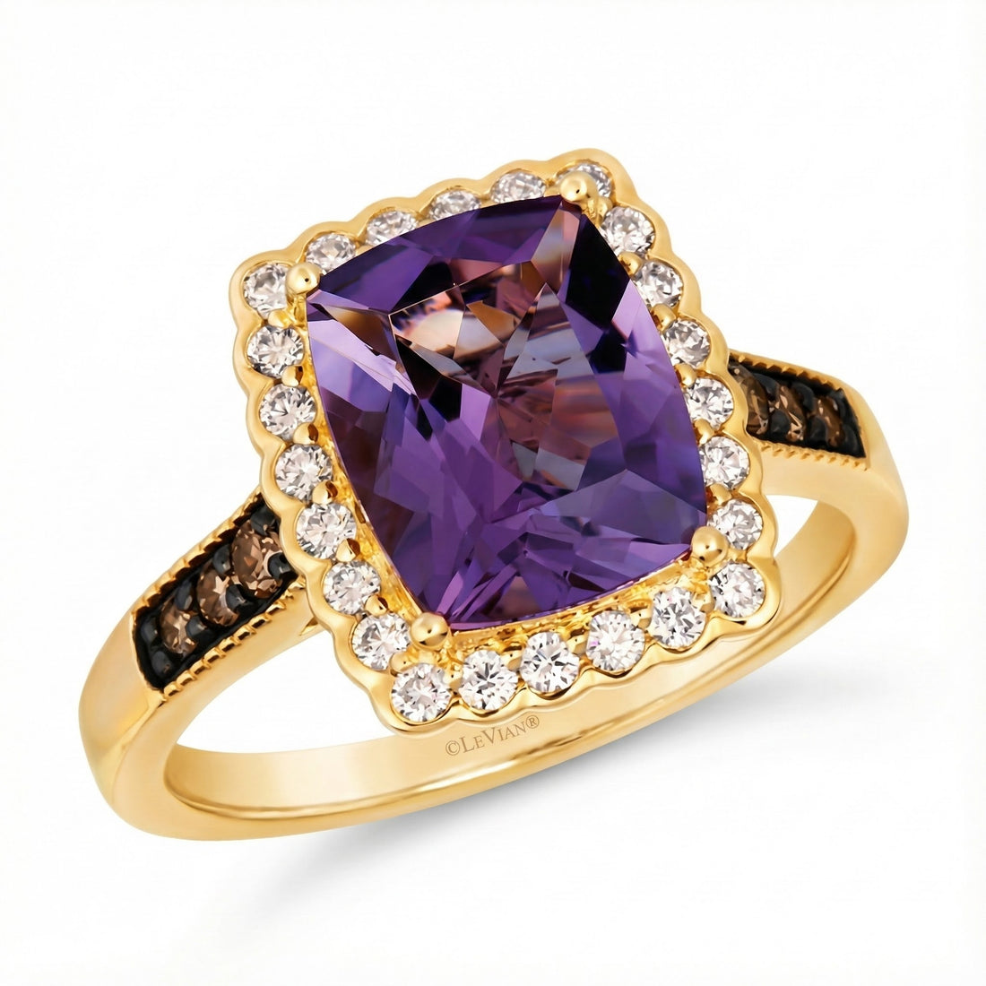 Le Vian® 14K Honey Gold™ Grape Amethyst™, Chocolate Diamond®, & Vanilla Diamond® Ring This vibrant Le Vian® Chocolatier® ring features a bold 2 3/8 ct. Grape Amethyst™ in a striking cushion cut, radiating rich purple brilliance